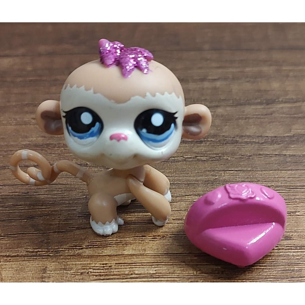 Littlest Pet Shop Monkey Tan Pink Sparkle Hair Heart Shaped Accessory B15